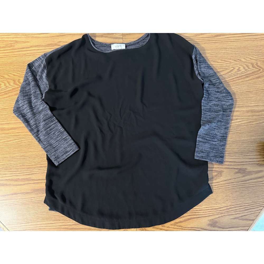 LOFT Womens Black Mixed Media 3/4 Sleeve Knit Back Blouse Top Small